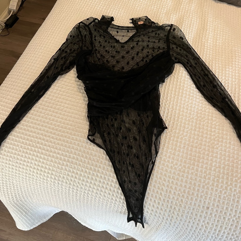 Large Black Mesh Bodysuit with polka dots